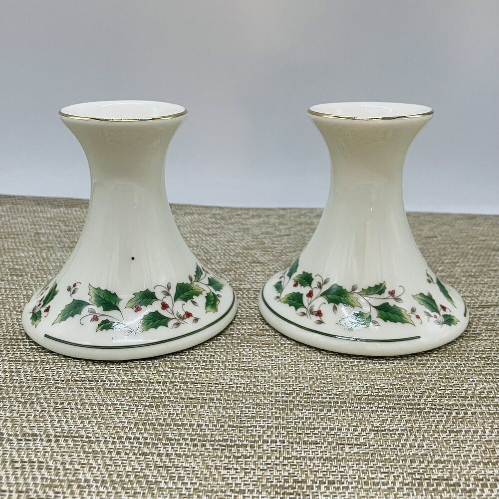 Holly Holiday Christmas Candle Stick Holders Pair Fine China Made In Japan